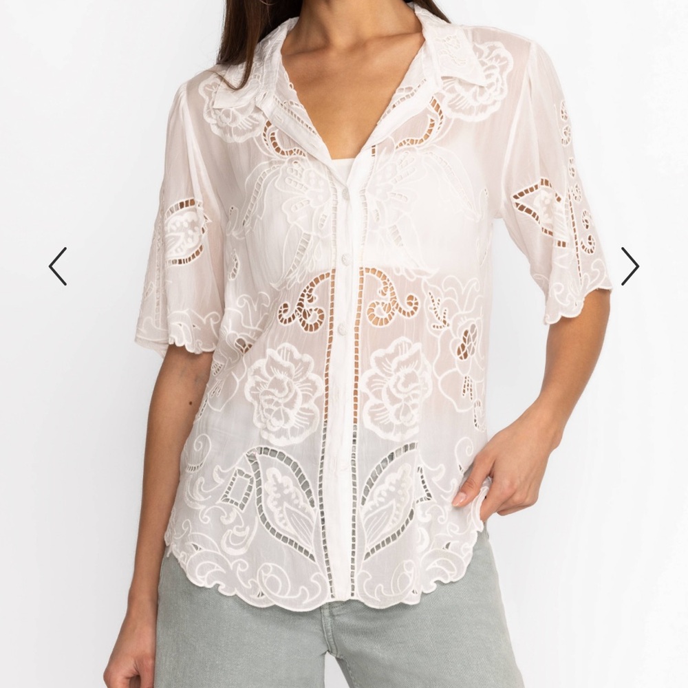 Johnny Was Chryssie button up White Embroidered Blouse